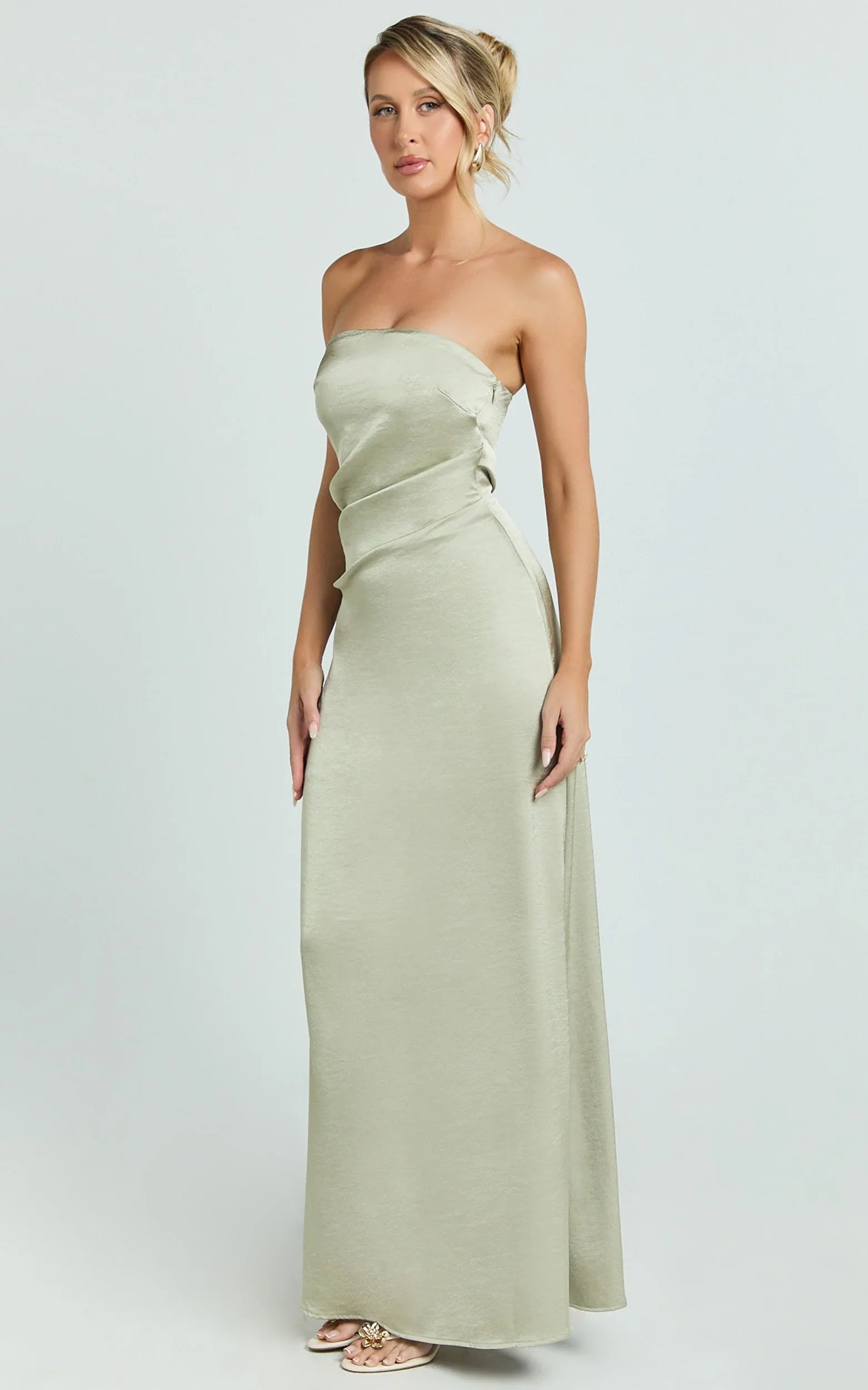 Laurie Maxi Dress - Strapless Draped Satin Dress in Light Olive