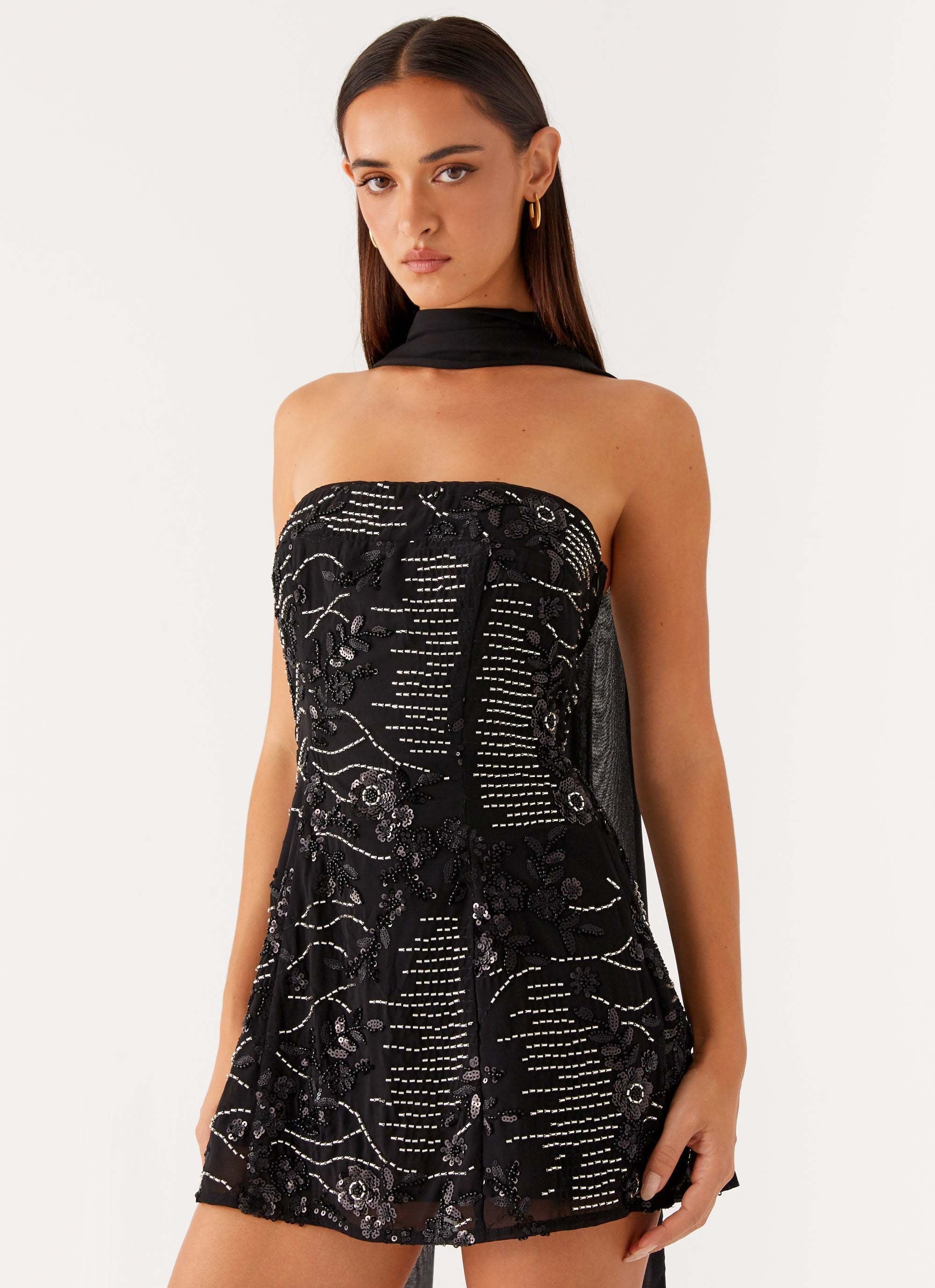 Kiesha Strapless Scarf Mini Dress - Black
