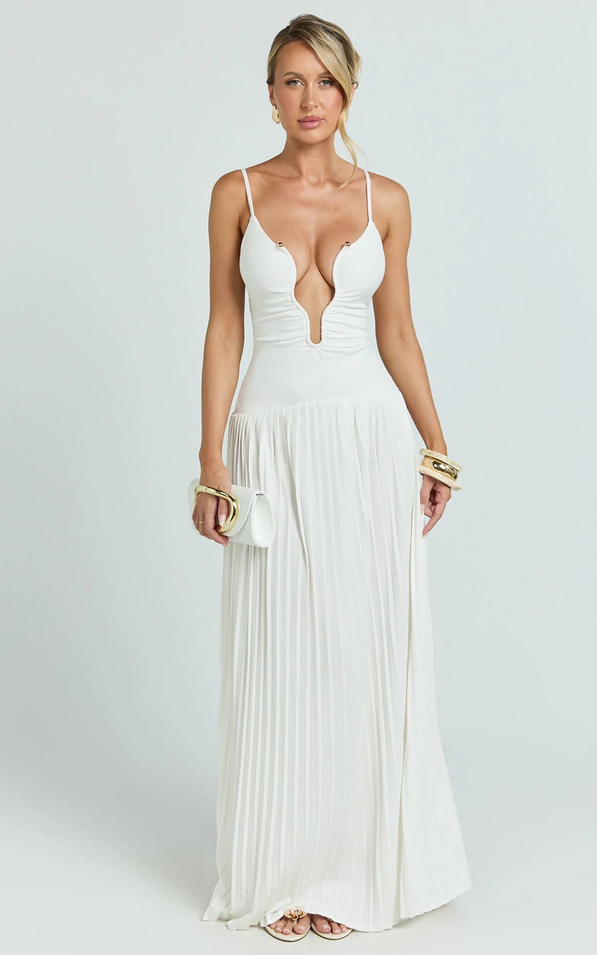 Hathaway Maxi Dress - U Shaped Neck Pleated Dress in Ivory