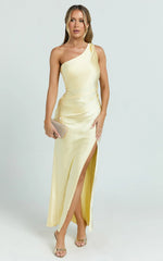 Isla Maxi Dress - Satin One Shoulder Side Split Dress in Lemon
