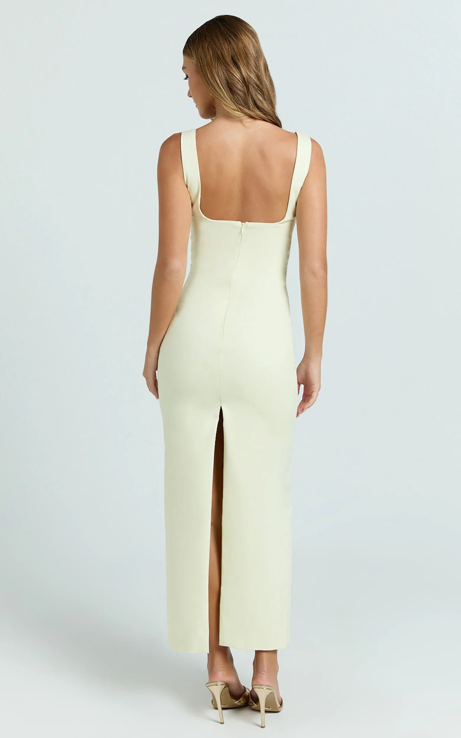 Benita Midi Dress - Scoop Neck Ruched Fitted Dress in Lemon